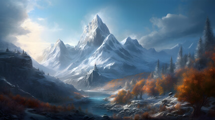 Digital technology snow mountain landscape horizontal version poster wallpaper web page PPT background with generative