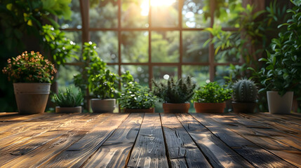 Intimate Wooden Surface in Lush Greenhouse Oasis with Soft Natural Lighting,Tranquil Ambiance,and Minimal Decor for Relaxation or Contemplation