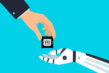man hand give to robot ai chip artificial intelligence technology concept vector illustration 