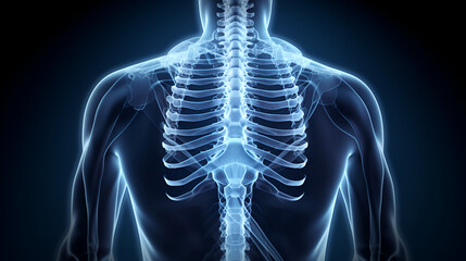 Scoliosis and curvature of the spine  of human skeleton support with blue background
 - obrazy, fototapety, plakaty