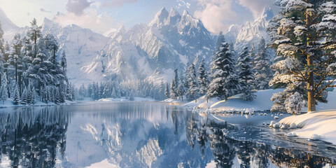 The serene reflective waters of a calm lake mirroring the snowy peaks of a mountain under golden light