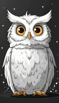 Sweet snowy cartoon owl with amber yellow eyes.