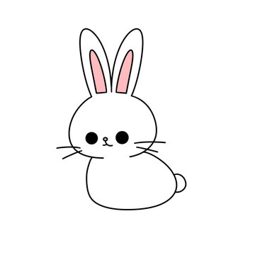 A cute cartoon rabbit with a pink nose and big eyes. The rabbit is sitting on a white background