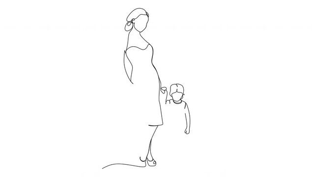 One line drawing of a young happy mother holding her daughter's hand. Mother playing together with her baby at home, isolated on white background. Vector illustration