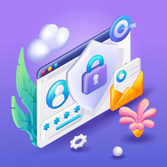 3D Isometric illustration, Cartoon. Secure, great design for any purposes. Protection network, safe data, antivirus. Vector icons for website