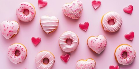 Delicious pink heart shape donut - obrazy, fototapety, plakaty