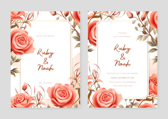 Red rose luxury wedding invitation with golden line art flower and botanical leaves, shapes, watercolor