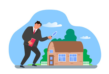 house inspection  and appraisal concept man holding magnifying glass checking real estate  vector illustration