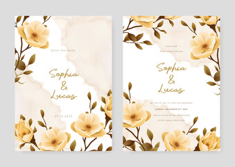 Beige peony beautiful wedding invitation card template set with flowers and floral