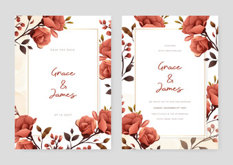 Red rose artistic wedding invitation card template set with flower decorations