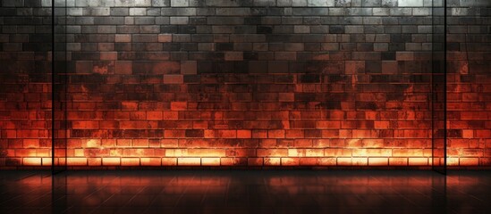 Dimly illuminated, a room showcases a rugged brick wall and a dancing fire, creating a cozy atmosphere