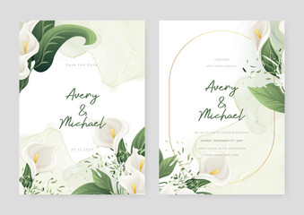 Fototapeta na wymiar White calla lily vector wedding invitation card set template with flowers and leaves watercolor