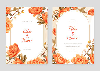 Orange rose wedding invitation card template with flower and floral watercolor texture vector