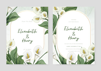 White calla lily vector wedding invitation card set template with flowers and leaves watercolor