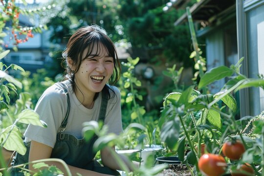 A young woman beaming with joy as she tends to her home garden, captured in the candid aesthetic of street photography