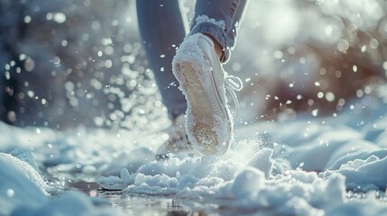 Close-up shot capturing the delicate motion of female legs in sneakers, playfully kicking up fresh snowflakes - obrazy, fototapety, plakaty