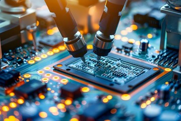 Automated quality control in electronics factory with high precision robot arms inspecting circuit boards during assembly. Concept Quality Control, Electronics Factory, Robot Arms, Circuit Boards