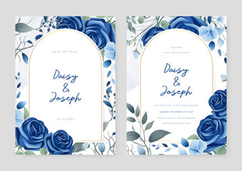 Blue rose elegant wedding invitation card template with watercolor floral and leaves