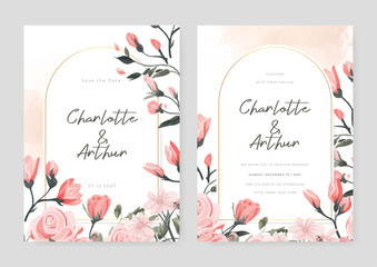 Pink rose floral wedding invitation card template set with flowers frame decoration