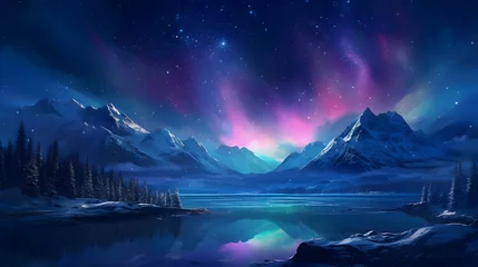 Foto op Canvas Digital technology Starry North Pole landscape horizontal version poster wallpaper web page PPT background with generative © JINYIN