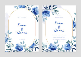 Blue rose beautiful wedding invitation card template set with flowers and floral