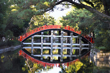 The Taiko Drum Bridge of Sumiyoshi Taisha Grand Shrine in Osaka, Japan.