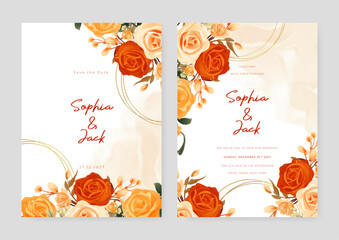 Orange and red rose set of wedding invitation template with shapes and flower floral border