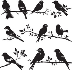 Set of Bird on a Tree branch black silhouette