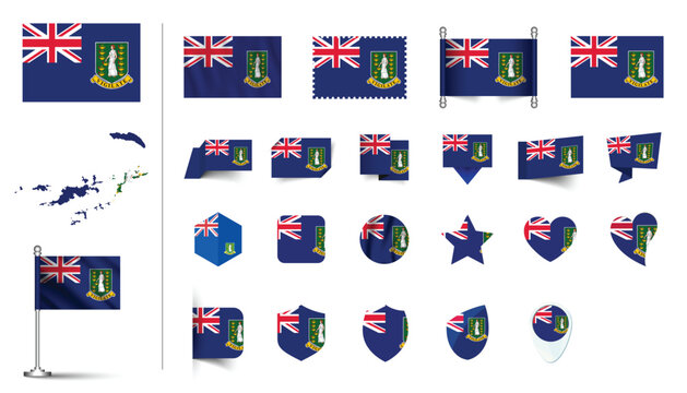 set of British Virgin Islands flag, flat Icon set vector illustration. collection of national symbols on various objects and state signs. flag button, waving, 3d rendering symbols