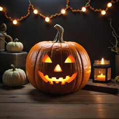 Pumpkin Jack O'Lantern surrounded by halloween decor colorful background