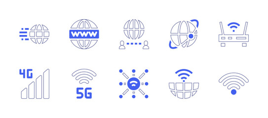 Internet icon set. Duotone style line stroke and bold. Vector illustration. Containing world wide web, internet, 4g, 5g, worldwide, wifi, modem.