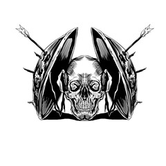 illustration of a skull with a war shield.

