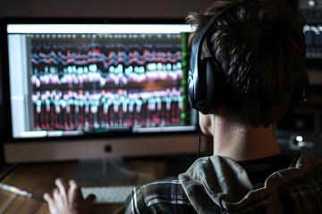 Fototapeta premium Analyzing Digital Music: A Musician Captures a Soundwave on a Computer Screen. Concept Abstract Music Visualization, Digital Soundwave Analysis, Musician Technology Integration,