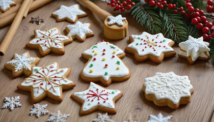 Fototapeta na wymiar Christmas sweets and star-shaped cookies colorful background