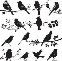 Set of Bird on a Tree branch black silhouette