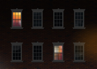 brick house facade wall night window  light illumination front view vector illustration - 768427527