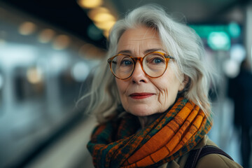 An elderly woman with glasses and a scarf in the subway, lifestyle - obrazy, fototapety, plakaty