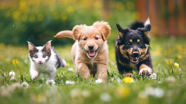 An image showing two Border Collie puppies, one playing with a ball and the other sitting, along with a small Chihuahua and a kitten, all on a white background, highlighting their cute, purebred chara