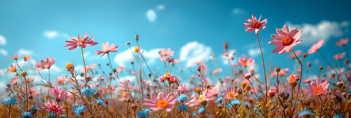 Romantic spring concept fresh beautiful meadow flowers,
Colorful wildflowers reaching towards a blue sky on a sunny day vibrant nature scenery ideal for background