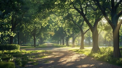 Sunlight filters through the trees in a quiet corner of the park casting dappled shadows on the pathway. The sounds of traffic are muffled allowing for a moment of peaceful - obrazy, fototapety, plakaty