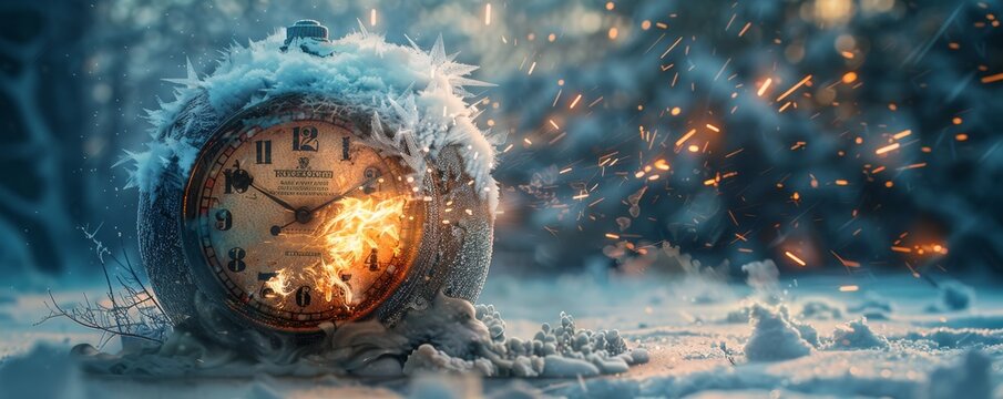 A high-stakes image of a ticking time bomb with a burning fuse, juxtaposed with a frost-covered clock Tension, conflict.