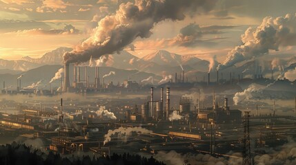 On the outskirts of the city a vast industrial area looms in the foreground with smokestacks billowing thick smoke into the sky. In the distance a mountain range can be seen