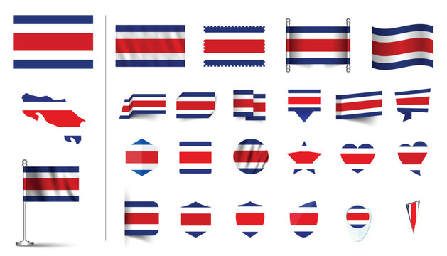 set of Costa Rica flag, flat Icon set vector illustration. collection of national symbols on various objects and state signs. flag button, waving, 3d rendering symbols
