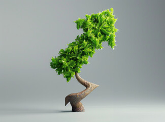 A growing green arrow in the shape of a bonsai tree, a business growth concept.