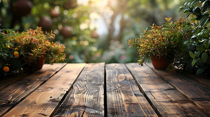 Serene Empty Wooden Table Surface with Blurred Nature Backdrop in Elegant Victorian Greenhouse