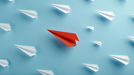 A single red paper plane leading white ones, embodying leadership, direction, and the courage to be different. - obrazy, fototapety, plakaty