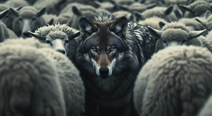A wolf hides among a flock of sheep, leads the way or waits for the right moment to perform. focus on wolf Concepts of identity and difference uniqueness of others or the simile of hidden risks 