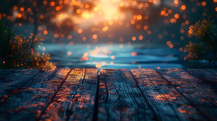 Serene Underwater Ambiance with Blurred Aquatic Backdrop and Wooden Tabletop - obrazy, fototapety, plakaty