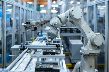 Automated Robotic Arm Assembling Electronics in a High-Tech Manufacturing Plant. Concept High-Tech Manufacturing, Automated Robotics, Electronics Assembly, Robotic Arm Technology