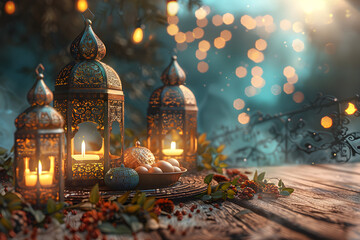 Obraz premium 3D rendering of a Ramadan background with traditional Islamic symbols and glowing lanterns, suitable for religious and cultural events.